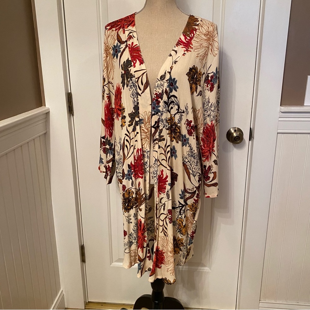 RAIN Brand Topper Kimono Jacket open front Coat Cream Red Brown Floral Size S